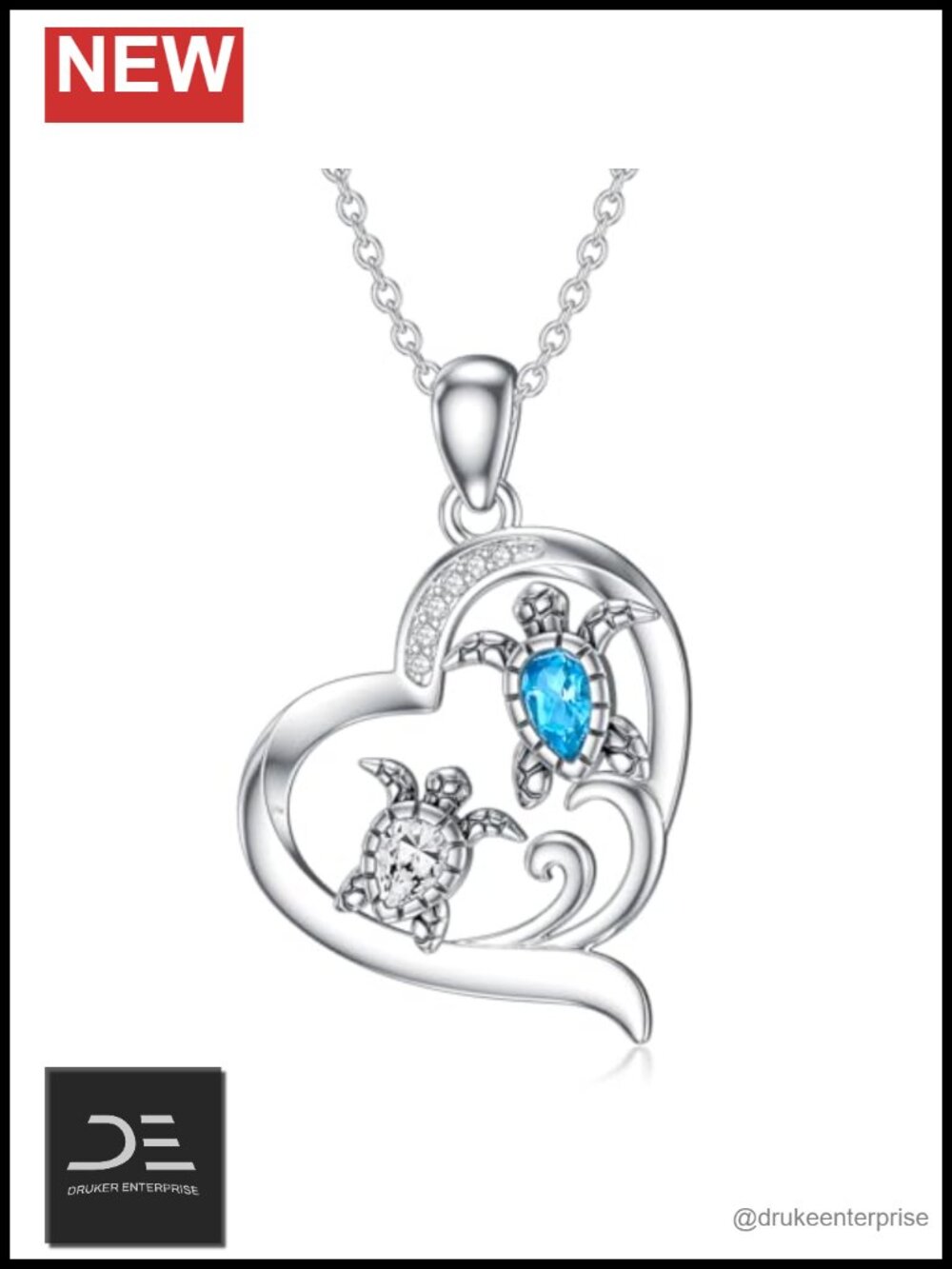Turquoise Sea Turtle Heart Necklace 925 Sterling Silver Topaz Pendant Jewelry